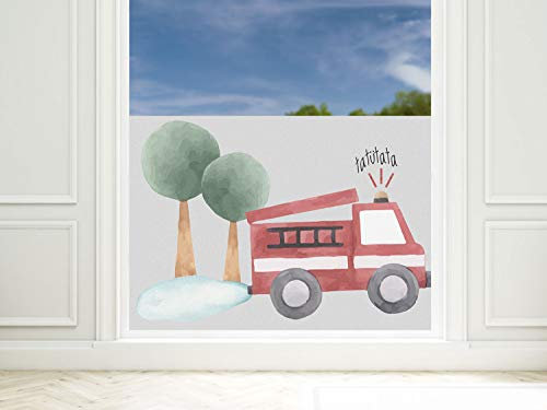 Sichtschutzfolie Kinderzimmer Junge Dinos, Fensterfolie Blickdicht, Milchglasfolie (Feuerwehrauto, 80x57cm)