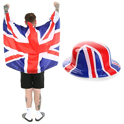Bandiera Union Jack indossabile con Bandiera Britannica + Cappello da Bowler Britannico per Adulti, Accessorio per Eventi Sportivi e giornate Nazionali (Confezione da 12 Cappelli)
