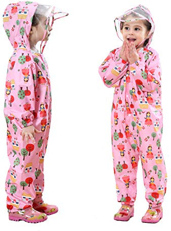 Impermeabile da Pioggia Bambini, Baogaier Impermeabile Antipioggia Tuta da Pioggia con Cappuccio Ragazze Rosa Poncho Portatile Sportivo Jogging Tutto in Uno Giacche Impermeabili Bambino Bimba 1-3 Anni