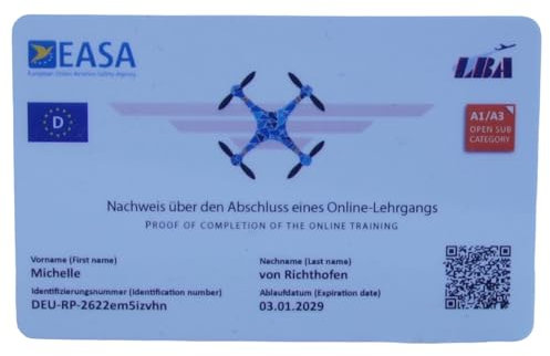 Roboterwerk Drohnenführerschein nach LBA-Vorgaben - EU-Kompetenznachweis A1/A3 und A2, mit QR-Code und Adressdaten hinten, Scheckkartengröße, hochwertige Plastikkarte mit 600dpi Weiß