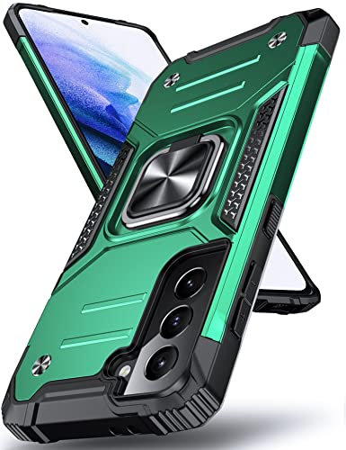 DASFOND Armor Hülle für Samsung Galaxy S21 5G Case Militär Stoßfest Handyhülle [Upgrade 2.0] 360 Grad Metal Ring Halter Ständer Schutzhülle [für Handyhalterung Auto Magnet], 6,2 Zoll, Dunkelgrün