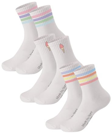 Made by Nami [VERBESSERT Retro Tennis-Socken 3er Set - Weiße Sport-Socken mit Print - 3 Paar Atmungsaktive Crew Socks aus Baumwoll (35-40, Set 3)