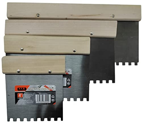 Set 4 pezzi spatole dentate misure 4 6 8 10 pollici per colla lavori edili Rivestimenti e ceramica metallo con manico in legno