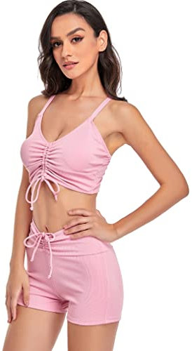 Jarseila Costume da Bagno Donna Vintage Ruched A Vita Alta Costumi da Mare Due Pezzi Donna Pantaloncini con Top Bikini Mare Spiaggia Beachwear, Rosa, XL