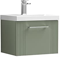 nuie DPF891D Deco Modern Bathroom Wall Hung 1 Drawer Part Fluted Vanity Basin Unit with Thin-Edge Ceramic Basin, 500mm, Satin Green