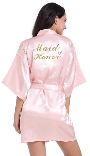Prohonbec Peignoir de bain kimono en satin pour femme avec paillettes dorées, ceinture pour mariage, fête de mariage, Rose - Maid of Honor, M