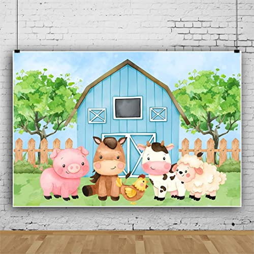 Bovlleetd Cartoon-Farm-Geburtstag Hintergrund 150x100cm süße Blau Bauernhoftiere Kuh Schwein Schaf Huhn Fotografie Hintergrund Neugeborene Taufe Party Dekoration Banner Fotoshooting Studio Requisiten