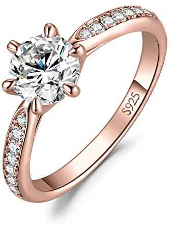 JewelryPalace Klassisch 6.5mm 1ct Rundschliff Moissanite Solitär Promise Ring Damen, Verlobungsring Damenring Ringe Silber 925 mit Stein für Frauen, Simulierte Diamant Jubiläum Eheringe Rosegold 59