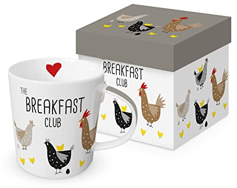 ReWu Becher Kaffebecher Kaffetasse Teetasse Trinkbecher Breakfast Club Bunte Hühner Porzellan Geschenkkarton Frühstücksgeschirr Ostern Tischdekoration Geschenkidee