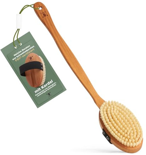 QUOALA® Premium Badebürste/Body Brush – FSC-zertifiziert, Schweineborsten(weich) & Kordel –Rückenbürsten mit langem Stiel für Rücken & Ganzkörpermassage, Trocken-&Nassbürste – 100% Made in Germany