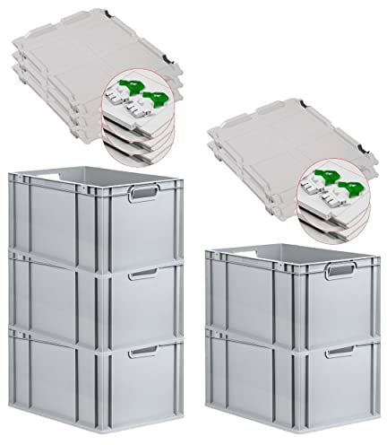 PROREGAL SuperSparSet 5x Eurobox NextGen Grip mit Scharnierdeckel und grünen Schiebeschnappverschlüssen, HxBxT 32x40x60cm, 65 L, Grau, Griffe offen, Eurobehälter, Transportbox