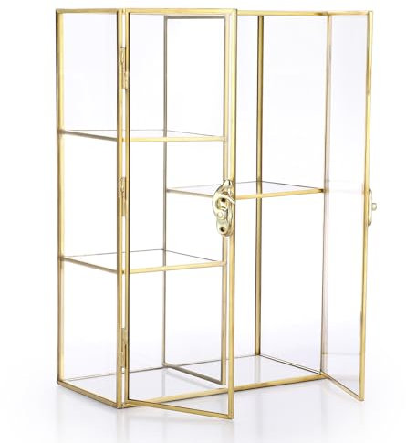 ELLDOO 5 Slots Clear Glass Storage Box, Gold Mirrored Jewelry Makeup Display Organizer Case, Decorative Tower Box Storage for Trinket Perfume Lipstick Figure Statue Toy Display