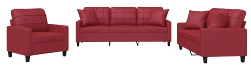 vidaXL Sofagarnitur 3-TLG., Sessel Couch mit Kissen Fußhocker, Sofa Wohnzimmersofa mit Armlehnen, Couchgarnitur Designsofa Sitzmöbel Polstermöbel, Weinrot Kunstleder