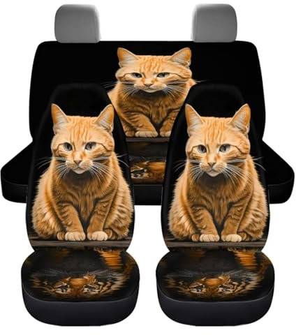chaqlin Autositzbezüge-Set für vorne und hinten, Set mit 4 Stück, lustiges Katzen-Design, Autositz-Innenzubehör mit 2 Vordersitzbezügen, 2 geteilten Rückbankschonern