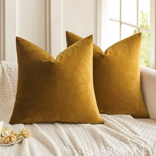MIULEE 2er Set Samt Soft Solid Dekorative Quadrat Wurf Kissenbezüge Set Kissen Fall für Sofa Schlafzimmer Senfgelb 16x16 Zoll 40x40 cm