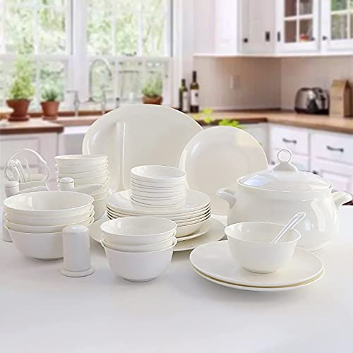 Bone China Tafelservice, Feinporzellan Küche Servieren Tafelservice Reinweiß Tafelgeschirr Kombi-Set mit runden Müsli-Nudelschalen Dessert Tiefe Suppe Fischteller (56 Stück Service für 12 Personen) (5