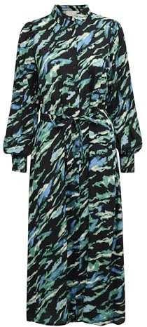 KAFFE Kleid KApollie Damen Kleid Langarm Print Knopfleiste Stoff Gürtel Freizeitkleid Black/Blue/Green Abstr. Animal 44