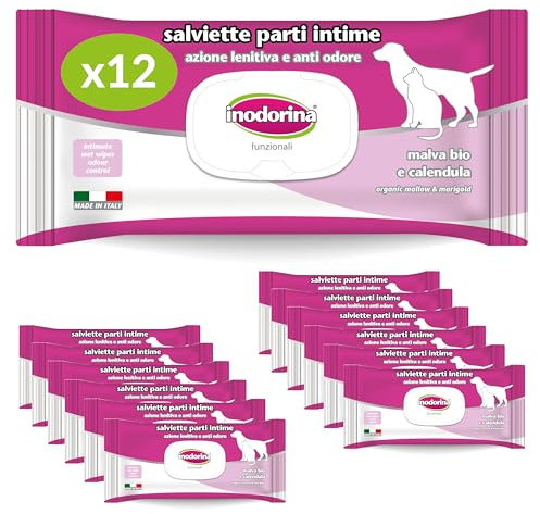 Inodorina, Lot de 12pcs Lingettes Fonctionnelles Intimes pour Chiens et Chats, Action Apaisante, Hydratante et Anti-Odeur, Substances Naturelles Organiques, Usage Quotidien, Mauve et Calendula Bio