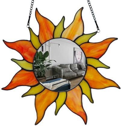 Holliveey Buntglas-Fensterpaneel im Tiffany-Stil, mit Spiegel, für Silvester, neues Haus, Dekoration, 30,5 cm, Sonnenspiegel, dekorativ, Wandspiegel, modische Geschenke