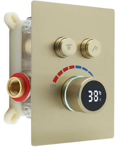 Delnet Solid Brass Shower Mixer Valve, Concealed 2 Way Outlet Digital Display Diverter Valve, Can Use All Options at A Time, Brushed Gold