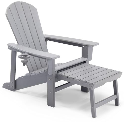 VonHaus Grey Adirondack Chair & Folding Foot Stool - Waterproof HDPE Garden Chair & Lounger with Foldable & Sliding Foot Rest, Wide Armrests & Sloped Back - For Terrace, Patio, Balcony & Outdoors