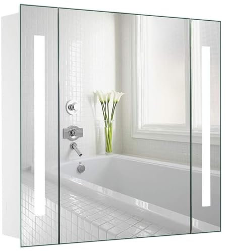 Warmiehomy Bathroom Mirror Cabinets with Lights,650x600mm LED Illuminated Bathroom Mirror Cabinet with Shaver Socket Demister Pad Sensor Switch