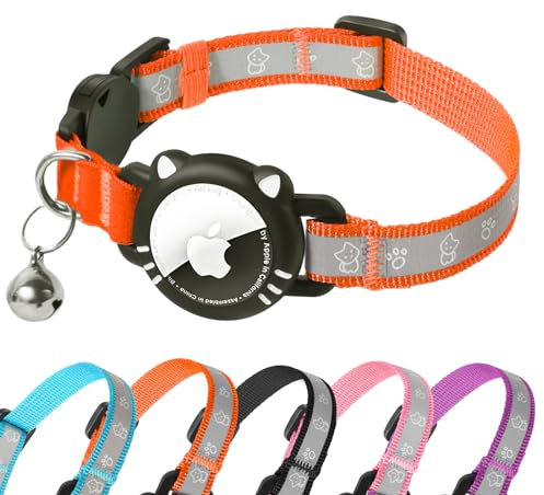 AgoumLux Airtag Katzenhalsband AirTag Halsband Katze Reflektierend mit Sicherheitsverschluss Glocke Katzenhalsbänder mit Airtag Hülle Verstellbar für Katzen, Orange, XS(17.5-23 cm)