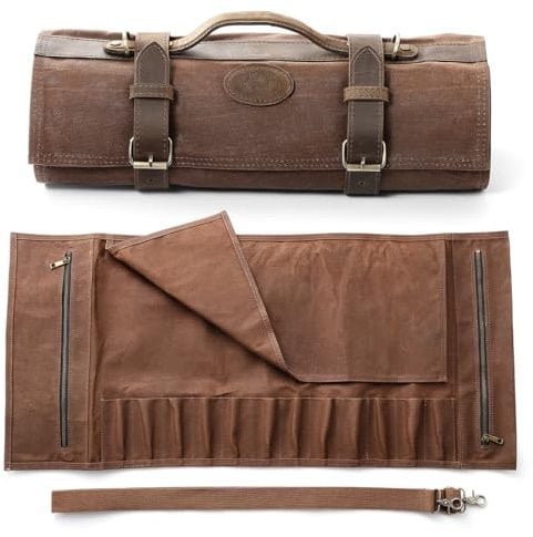 XINZUO Chef Knife Roll Bag-Professional Chef Knife Case-16oz Waxed Canvas and Crazy Horse Leather -with 12 Slots Plus 2 Zipper Pockets to Hold Kitchen Cooking Tools-Travel Tool Roll Pouch(Bag Only)