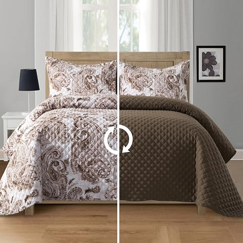 Elegant Comfort 3-teilige Wendedecke im Boho-Paisley-Blumenmuster, Patchwork, weiche Premium-Tagesdecke mit passenden Kissenbezügen, hochwertige Nähte, gesteppte Decke für alle Jahreszeiten, Kingsize,