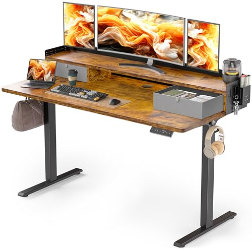 WALKINGDESK Höhenverstellbarer Schreibtisch Elektrisch mit 2 Schubladen, 140x60 cm Stehpult mit Stiftehalter und Kopfhörerhalter, Tisch für Home Office Büro, DIY Pegboard, 4 Haken, Rustikales Braun