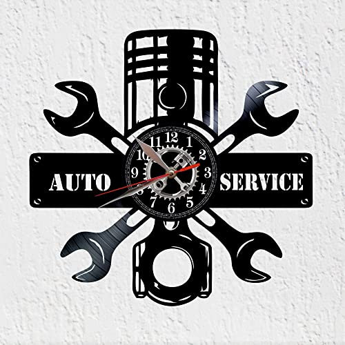 VINY WOODY Schallplattenuhr aus Vinyl Automechaniker, Motorradmechaniker, mechanische Werkstatt, Autoservice Wanduhr