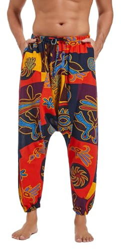 AITFINEISM Men's Drawstring Casual Hippie Harem Pants Loose Drop Crotch Trousers (3XL, Style Orange)