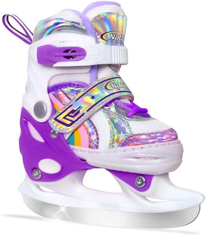 Nattork Mädchen-Eislaufschuhe für Kinder, 4-Fach verstellbar, Butterfly-Eislaufschuhe mit Fleecefutter für draußen und die Eisbahn (Regenbogen-Violett, M (32-36 EU))