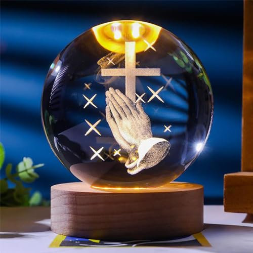 Hekasvm 3D Kristallkugel mit LED-Licht, Schneekugel Nachtlicht Deko mit Holzsockel, Leuchten Lasergeätzte Kugel Lampe, Stilllicht Nachttischlampe, Glaskugel Deko für Basteln Geschenk (Beten)