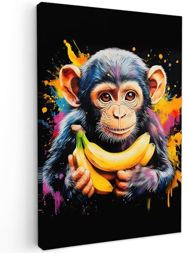 MuchoWow© Impression sur Toile Photo Peinture 80x120 cm Tableau Decoration Murale Chambre Salon Maison Deco Cuisine Singe - Graffiti - Coloré - Bananes - Moderne
