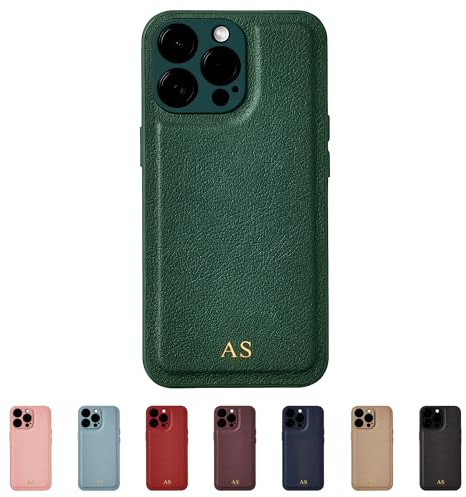Tirita Personalised Leather Phone Case for iPhone 15 Pro Max – Leather Dark Green Case or Cover With Custom Initials – Cute Personalised Gift for Men or Women [15. Dark Green Gold Embossed Initials]