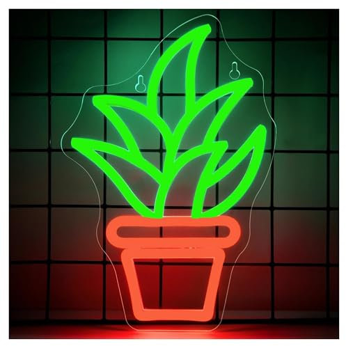 SHOUXI Sign Lamp Plant Neon Sign Potted Plant Green Leaf LED Light Up Signs for Wall Decor Bedroom 23x33.5cm