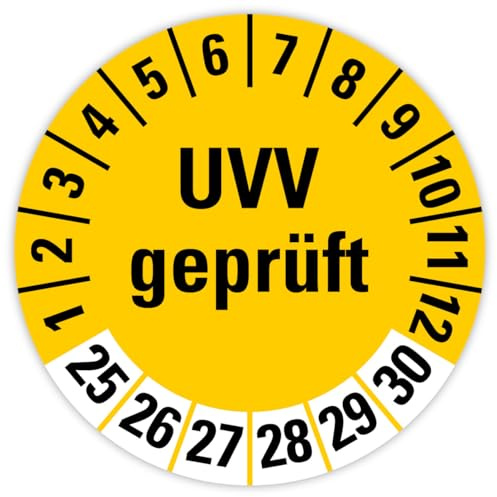 100 Stück – Mehrjahresprüfplakette „UVV geprüft | 25-30“ Etikett Folie Aufkleber Sticker, Gelb | Ø 15-40 mm Made in Germany, Größe: Ø15 mm