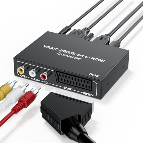 BolAAzuL AV+VGA+Scart to HDMI Converter - 3-in-1 Video Converter | Full HD 1080P, w/ IR Remote Control, USB Powered, AV VGA SACRT in HDMI out for Wii PS2 HDTV Monitor