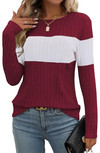 Gemulate Tops for Women UK Ladies' Casual Round Neck Long Sleeve Color Block Ribbed Jumper for Dates Red White S