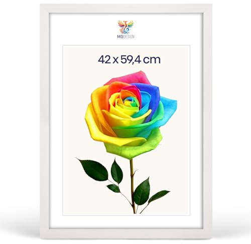MG Design Bilderrahmen A2 42 x 59,4 cm – Posterrahmen mit Weiß Holzrahmen (Echtholz) und bruchsicherem Acrylglas, Hoch & Quer mit stabiler Wandaufhängung