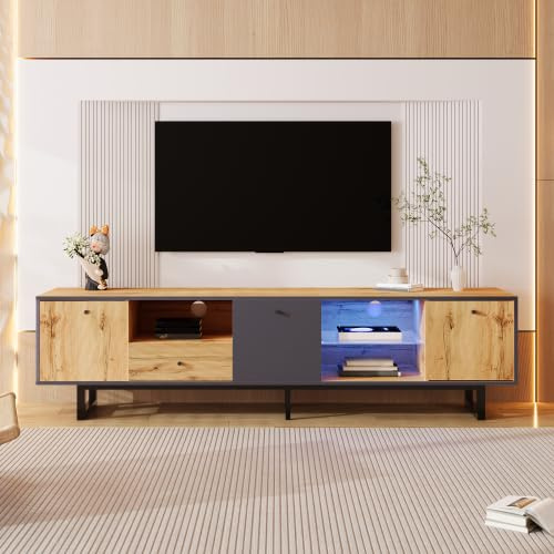 Lowboard Living Room TV Cabinet with LED Light Effect, 190cm Wide Entertainment Unit for up to 50kg, Modern TV Stand with Glass Divider Soft Close Hinges Color Coordinated Storage Cabinet for Livin