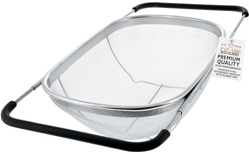 U.S. Kitchen Supply - Premium Quality Over The Sink Stainless Steel Oval Colander with Fine Mesh 6 Quart Strainer Basket & Expandable Rubber Grip Handles - Strain, Drain, Rinse Fruits, Vegetables
