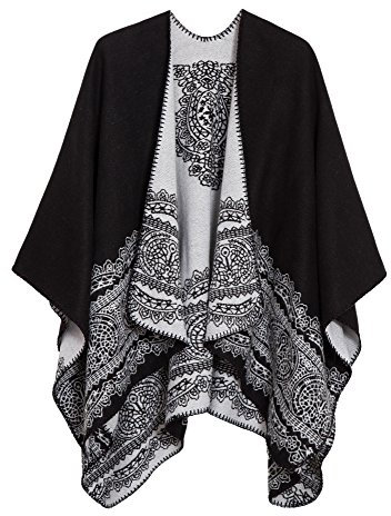 EXCHIC Damen Warm Offene Front Strick Schals und Wraps Floral Elegante Cardigans Poncho Cape Coat Mantel (Schwarz-91)