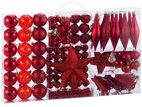 BAKAJI Addobbi per Albero di Natale 102 Pezzi Confezione Palline Calze Stelle Pigne Decorazioni Natalizie (Rosso)