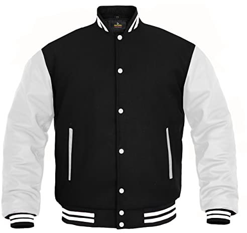 Herren-Varsity-Jacke, Echtlederärmel und Wollmischung, Letterman, Jungen, College-Jacke, Größe XS-5XL, Schwarz/Weiß, 3XL