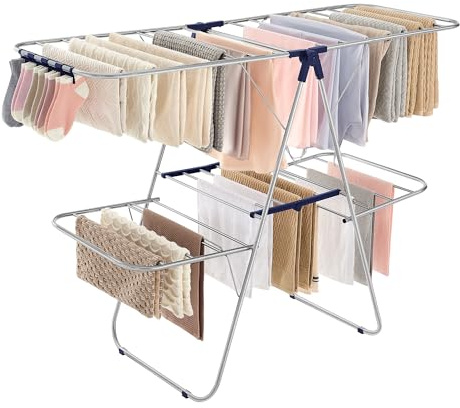 SONGMICS Clothes Drying Rack, Foldable 2-Level Laundry Drying Rack, Free-Standing Laundry Airer, with Height-Adjustable Wings, 33 Drying Rails, Sock Clips, Silver and Blue ULLR53BUV1
