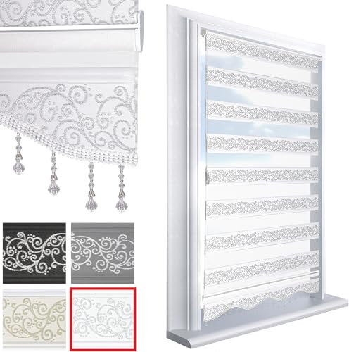Brillant Doppelrollo Klemmfix ohne Bohren Weiß Silber 200 x 200 cm (Länge x Breite) Duorollo Blickdicht mit Perlen, glitzert, Raffrollo Fenster Tür Zebra Perde Klemmrollo Seitenzugrollo