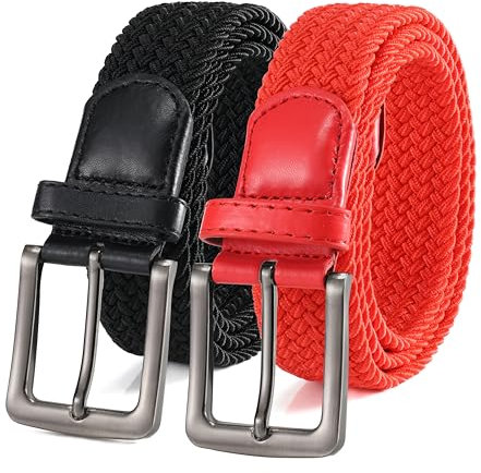BOZEVON Lässig Elastischer Stoffgürtel - Stretchgürtel Elastik Flechtgürtel Geflochtener Dehnbarer Gürtel für Herren Schwarz*1 + Rot*1