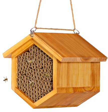 Mason Bee House Wax Coated Bee Hotel, Pollinator House Waterproof, Natural Handmade Wooden Mason Bee Hotel for Pollinating Bees Garden Supplies